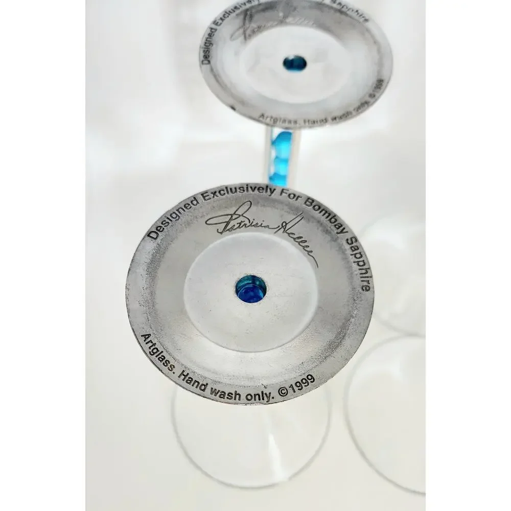 4 Patricia Heaton Bombay Sapphire Martini Glasses Blue Beads 1999 Artglass